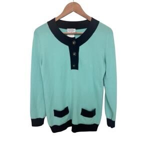 CHANEL Vintage CC Logo Sweater Knit Top Aqua 

Green Dark Blue Cashmere Button